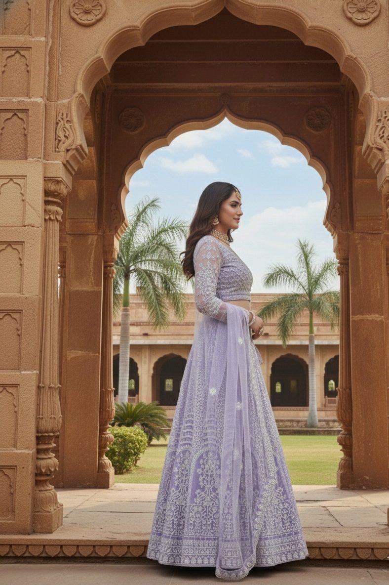 Premium Embellished Semi-Stitched Wedding Wear Net Lehenga & Unstitched Blouse With Dupatta