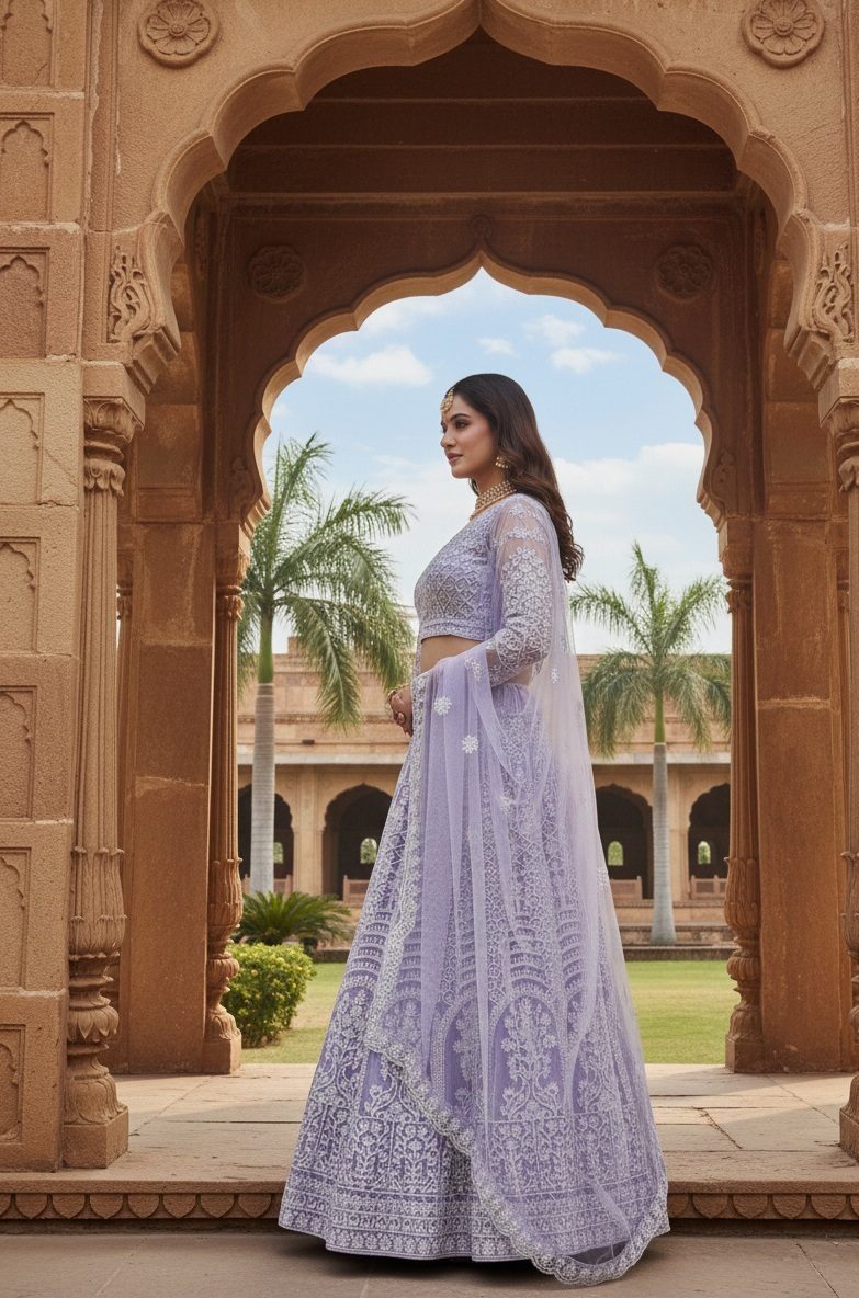Premium Embellished Semi-Stitched Wedding Wear Net Lehenga & Unstitched Blouse With Dupatta