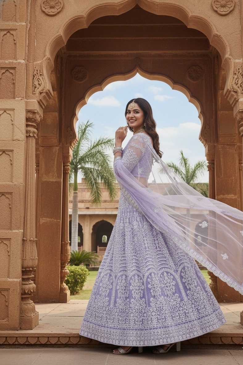 Premium Embellished Semi-Stitched Wedding Wear Net Lehenga & Unstitched Blouse With Dupatta