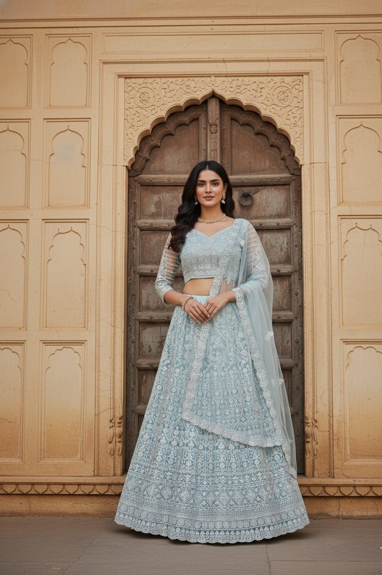 Powder Blue Heavy Embroidered Semi-Stitch Wedding Wear Net Lehenga Choli Set