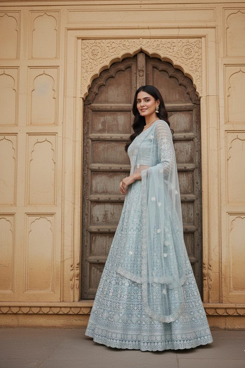 Powder Blue Heavy Embroidered Semi-Stitch Wedding Wear Net Lehenga Choli Set