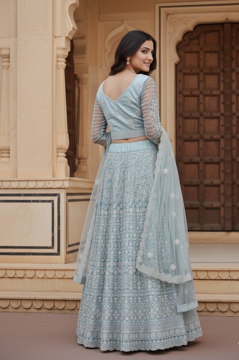 Powder Blue Heavy Embroidered Semi-Stitch Wedding Wear Net Lehenga Choli Set