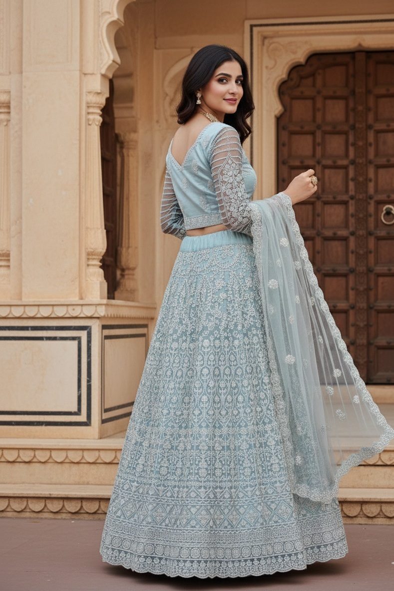 Powder Blue Heavy Embroidered Semi-Stitch Wedding Wear Net Lehenga Choli Set