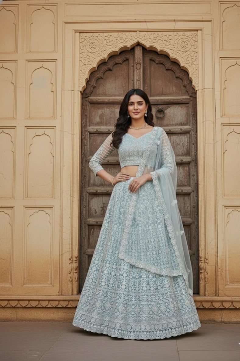Powder Blue Heavy Embroidered Semi-Stitch Wedding Wear Net Lehenga Choli Set