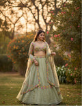Pastel Green Semi-stitch Floral Embroidered Wedding & Festive Wear Silk Blend Lehenga Set