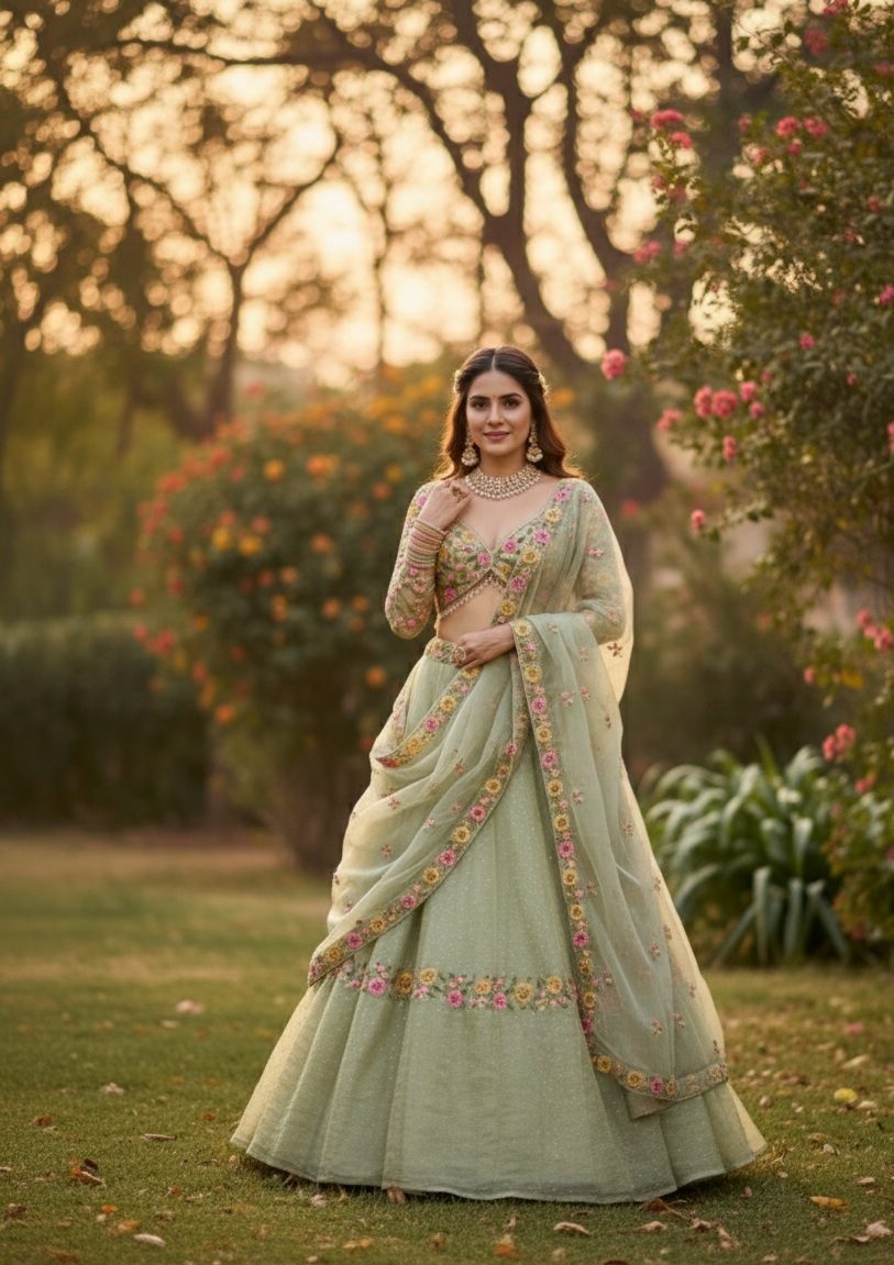 Pastel Green Semi-stitch Floral Embroidered Wedding & Festive Wear Silk Blend Lehenga Set