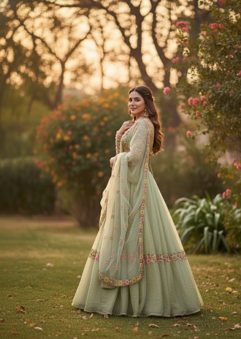 Pastel Green Semi-stitch Floral Embroidered Wedding & Festive Wear Silk Blend Lehenga Set