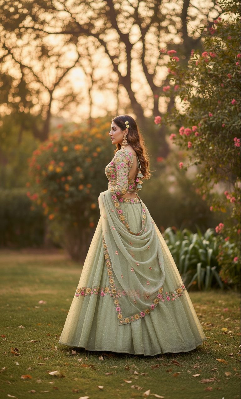 Pastel Green Semi-stitch Floral Embroidered Wedding & Festive Wear Silk Blend Lehenga Set