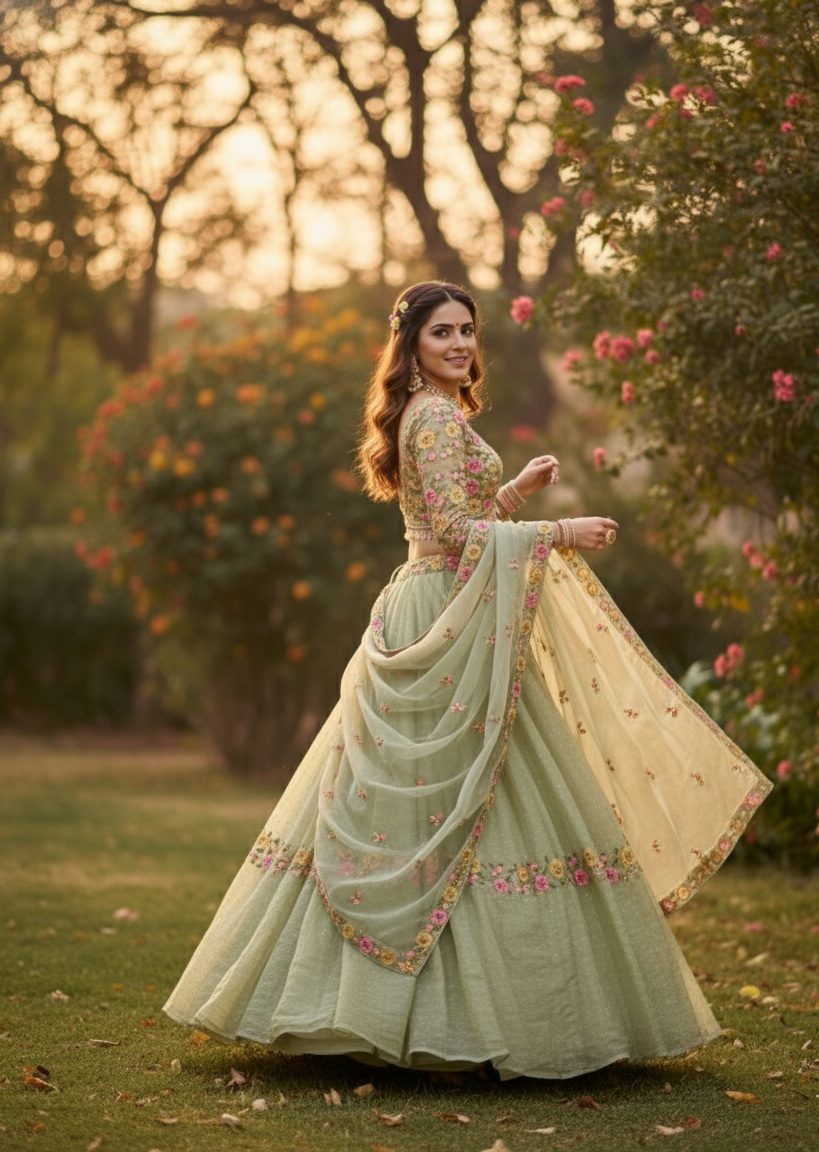 Pastel Green Semi-stitch Floral Embroidered Wedding & Festive Wear Silk Blend Lehenga Set