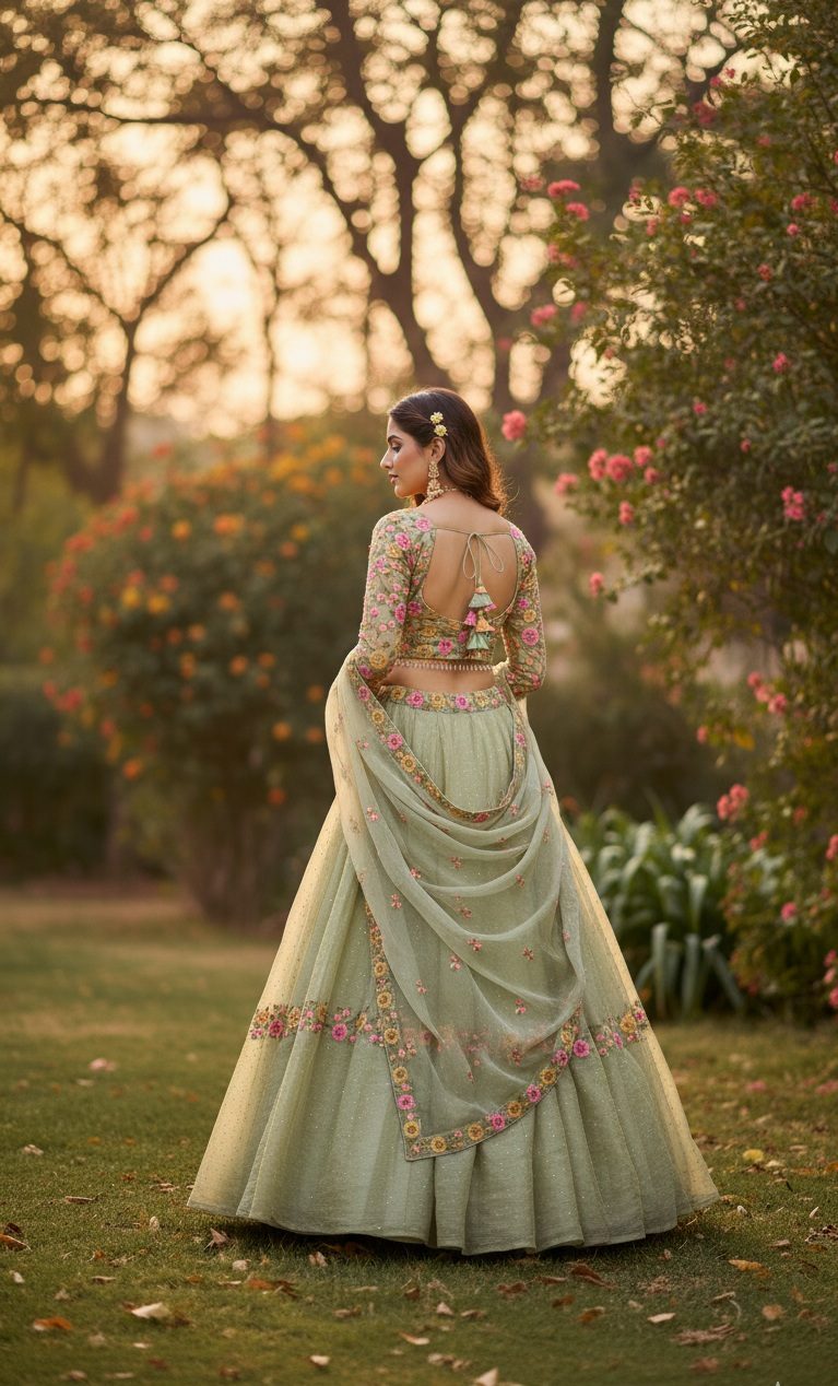 Pastel Green Semi-stitch Floral Embroidered Wedding & Festive Wear Silk Blend Lehenga Set