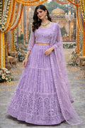 Heavy Thread Embroidered Semi-Stitched Lavender Wedding & Festive Wear Net Lehenga & Unstitched Blouse With Dupatta