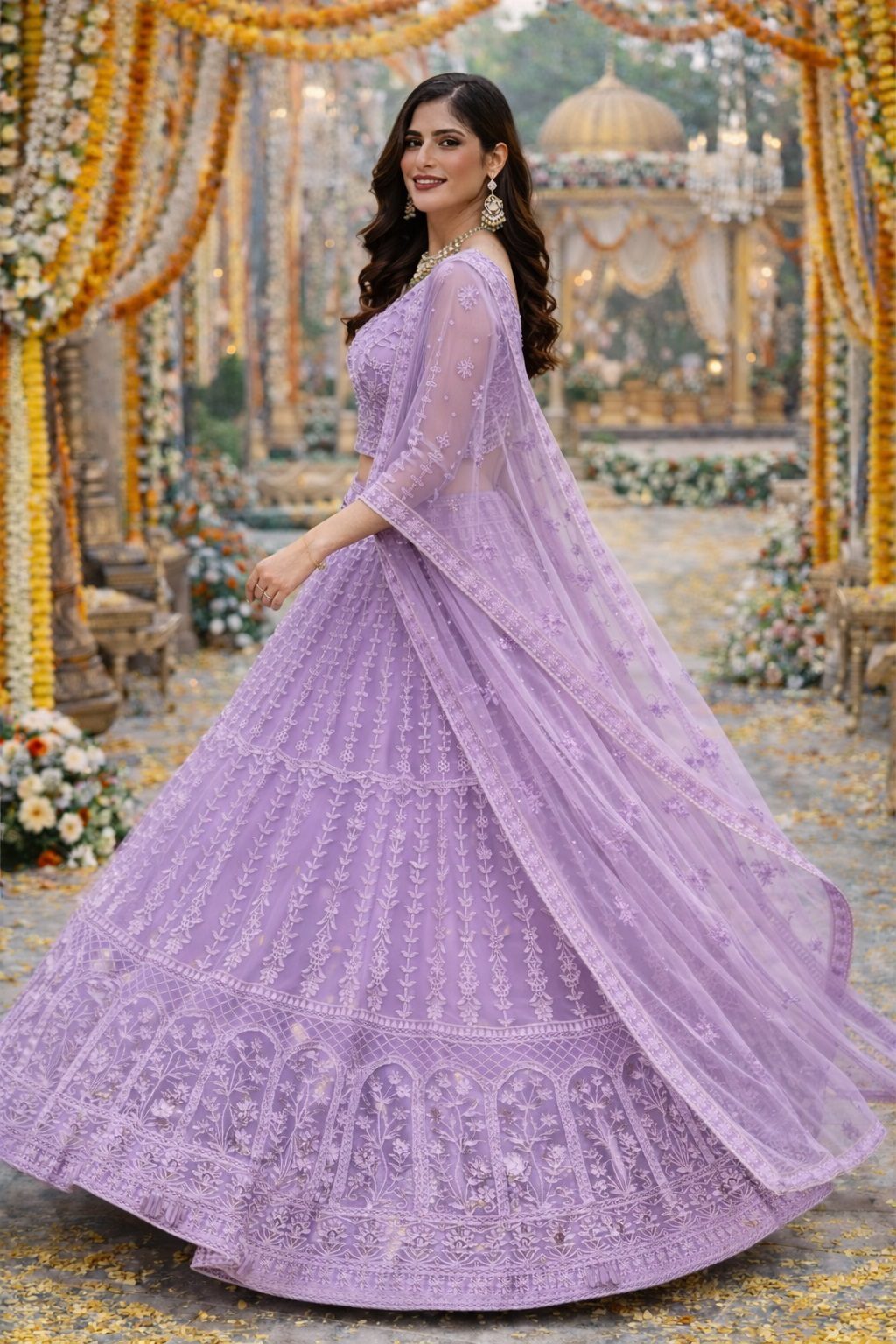 Heavy Thread Embroidered Semi-Stitched Lavender Wedding & Festive Wear Net Lehenga & Unstitched Blouse With Dupatta
