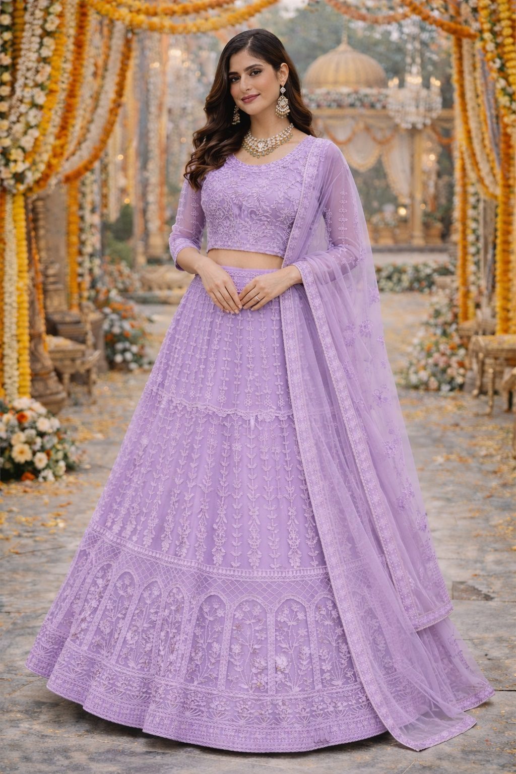 Heavy Thread Embroidered Semi-Stitched Lavender Wedding & Festive Wear Net Lehenga & Unstitched Blouse With Dupatta