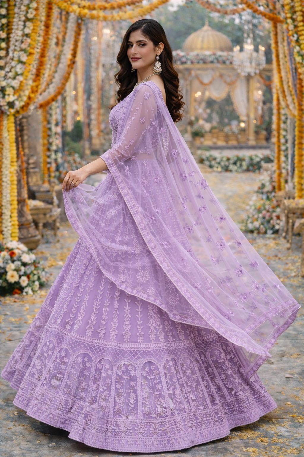Heavy Thread Embroidered Semi-Stitched Lavender Wedding & Festive Wear Net Lehenga & Unstitched Blouse With Dupatta