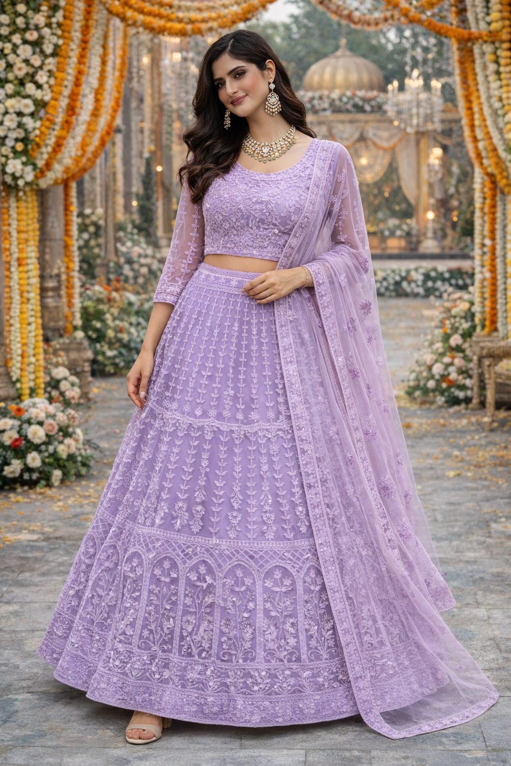 Heavy Thread Embroidered Semi-Stitched Lavender Wedding & Festive Wear Net Lehenga & Unstitched Blouse With Dupatta