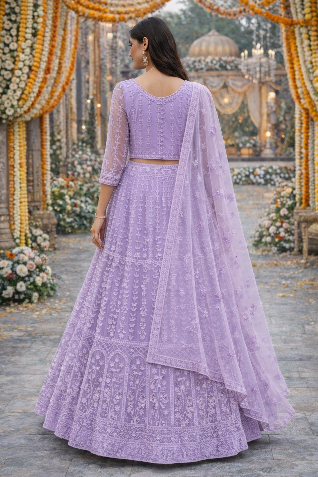Heavy Thread Embroidered Semi-Stitched Lavender Wedding & Festive Wear Net Lehenga & Unstitched Blouse With Dupatta