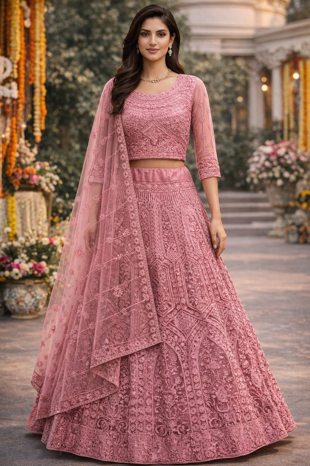Heavy Embroidered Semi-Stitched Dusty Rose Wedding Wear Net Lehenga & Unstitched Blouse With Dupatta