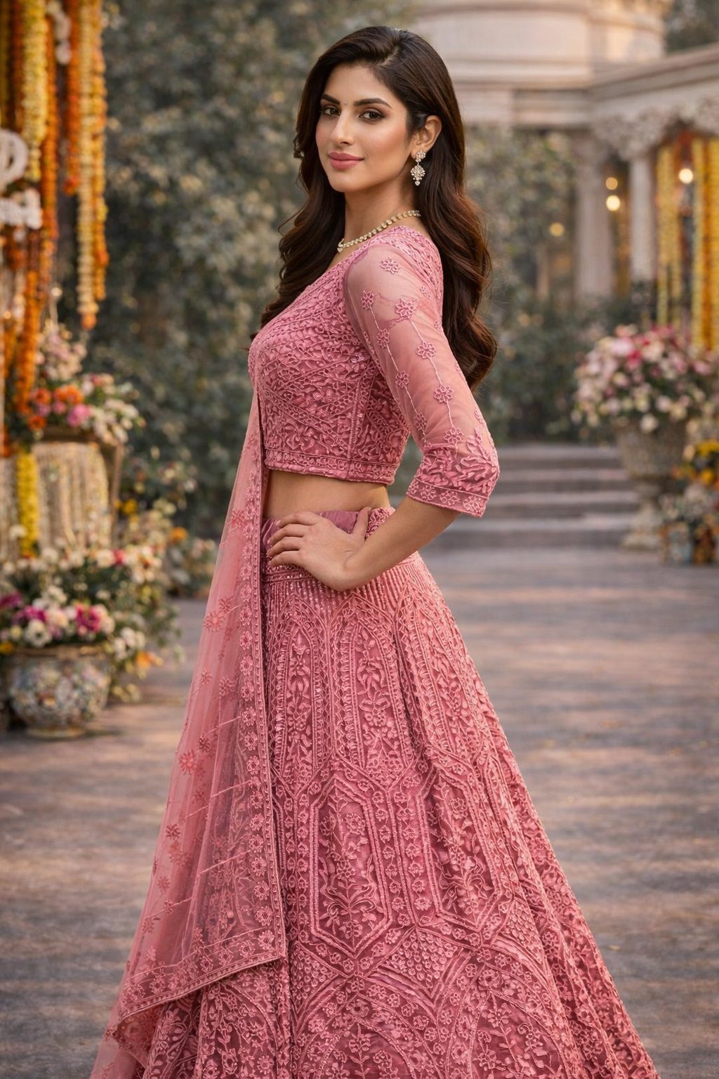 Heavy Embroidered Semi-Stitched Dusty Rose Wedding Wear Net Lehenga & Unstitched Blouse With Dupatta
