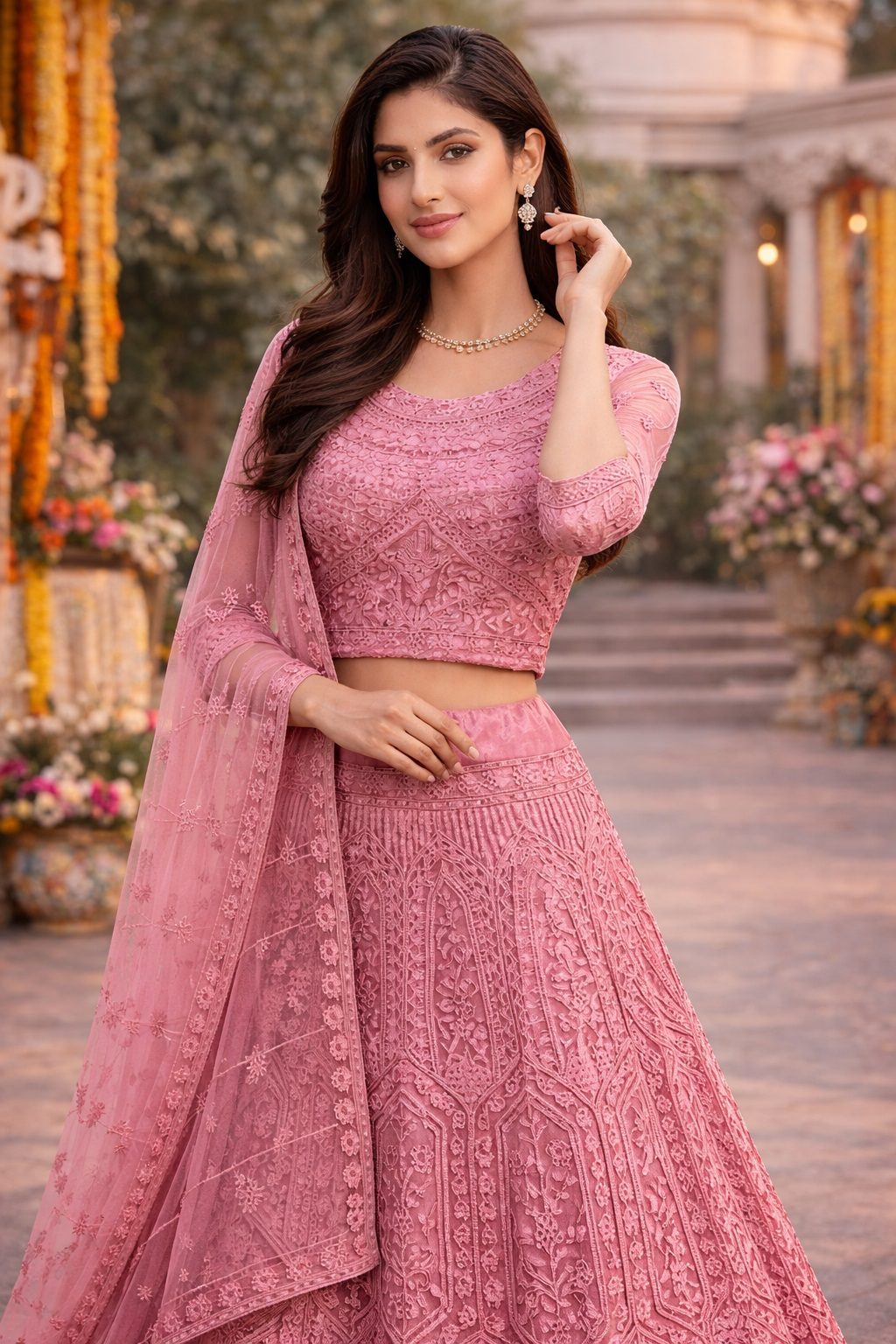 Heavy Embroidered Semi-Stitched Dusty Rose Wedding Wear Net Lehenga & Unstitched Blouse With Dupatta