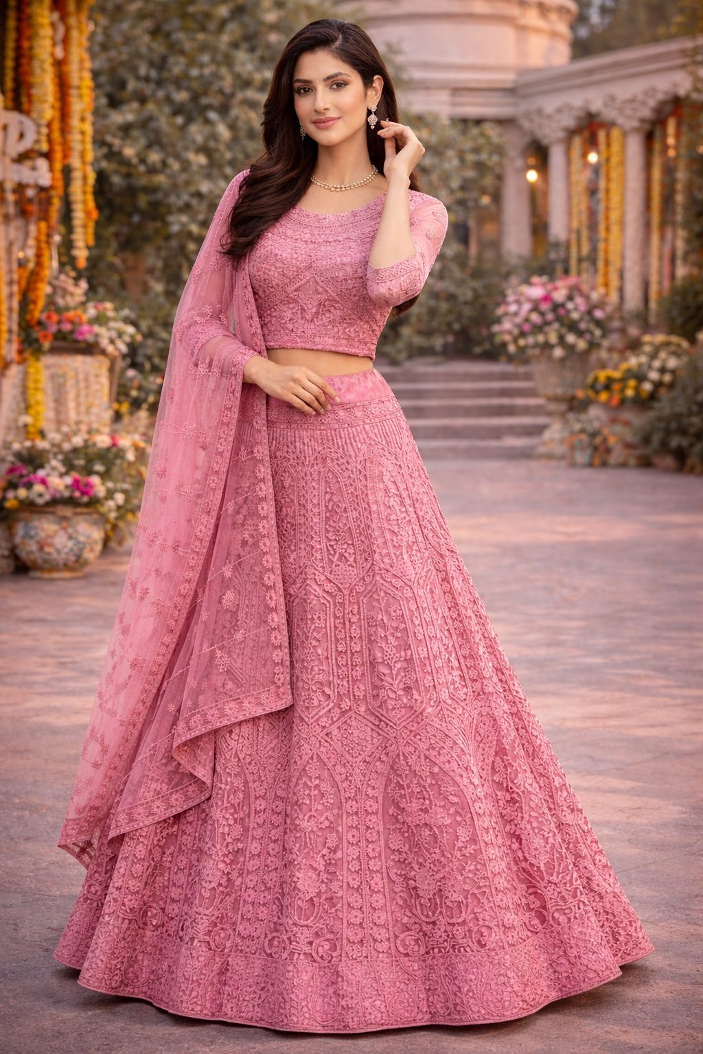Heavy Embroidered Semi-Stitched Dusty Rose Wedding Wear Net Lehenga & Unstitched Blouse With Dupatta