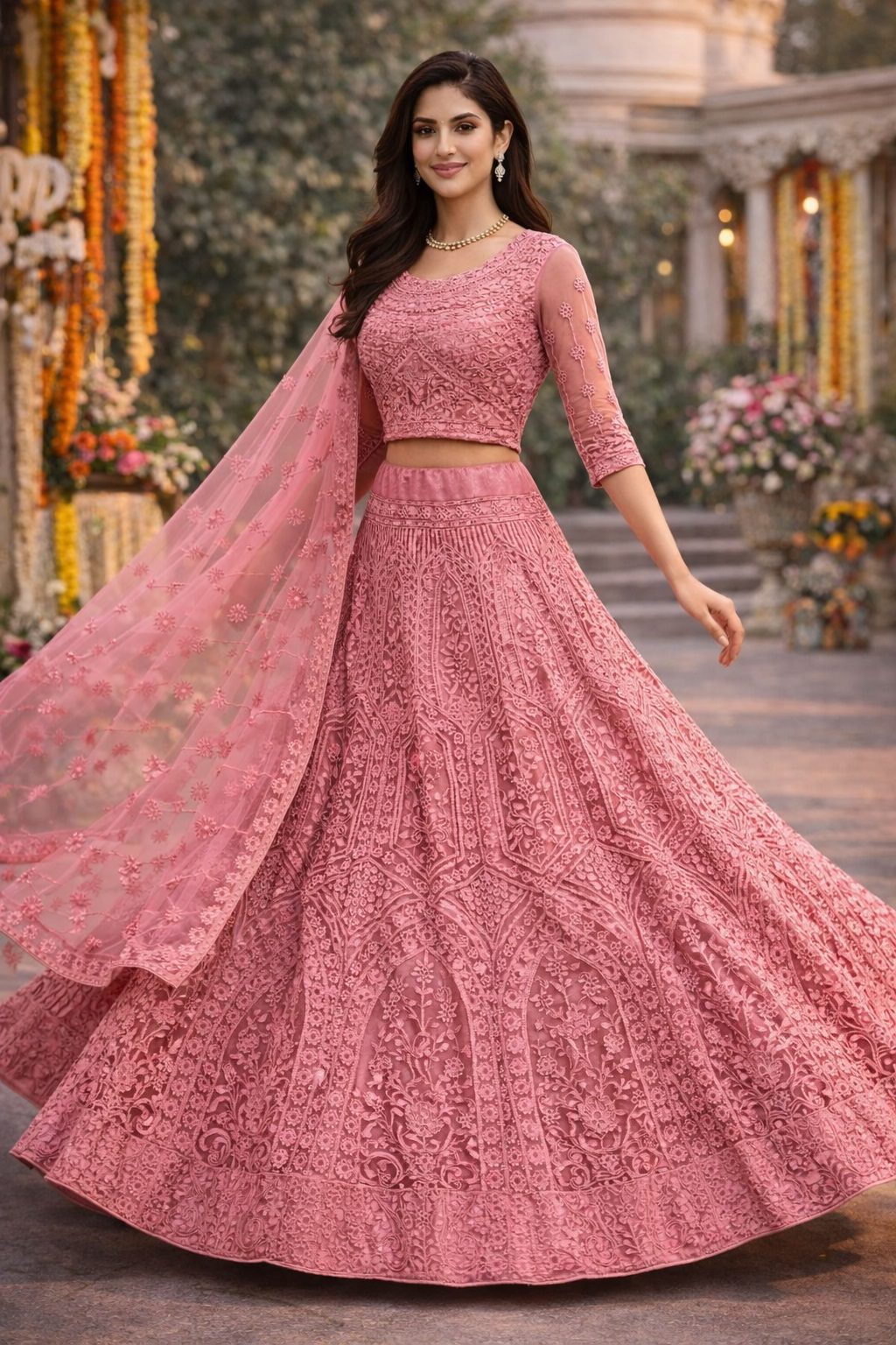 Heavy Embroidered Semi-Stitched Dusty Rose Wedding Wear Net Lehenga & Unstitched Blouse With Dupatta