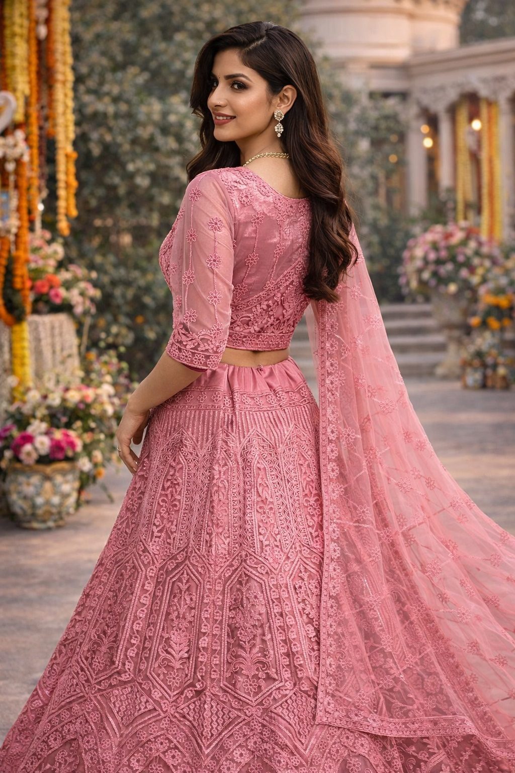 Heavy Embroidered Semi-Stitched Dusty Rose Wedding Wear Net Lehenga & Unstitched Blouse With Dupatta