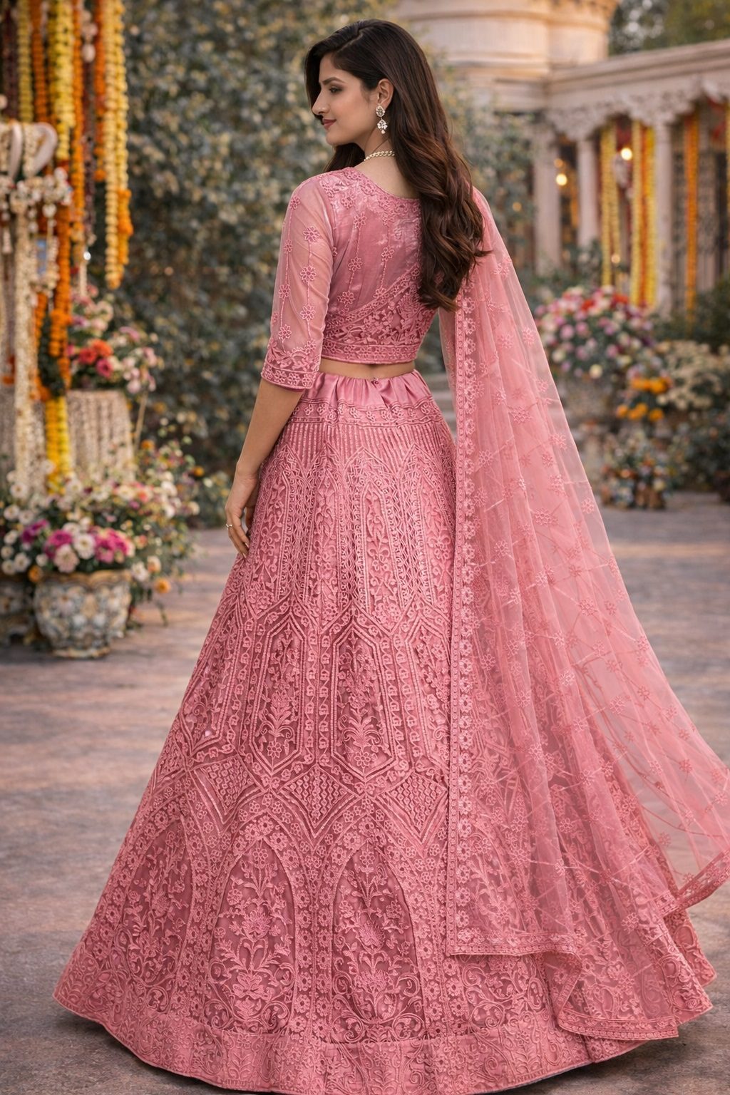 Heavy Embroidered Semi-Stitched Dusty Rose Wedding Wear Net Lehenga & Unstitched Blouse With Dupatta