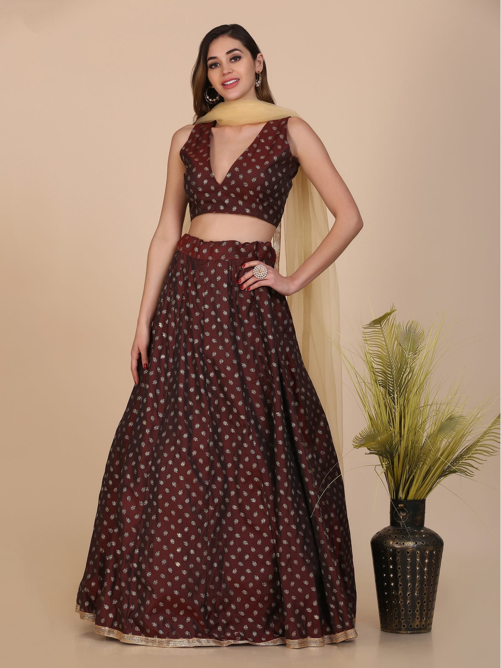 Maroon Foile Weaving Butti Work Semi-Stitched Taffeta Silk Lehenga Choli with Dupatta for Wedding & Festive Occasion