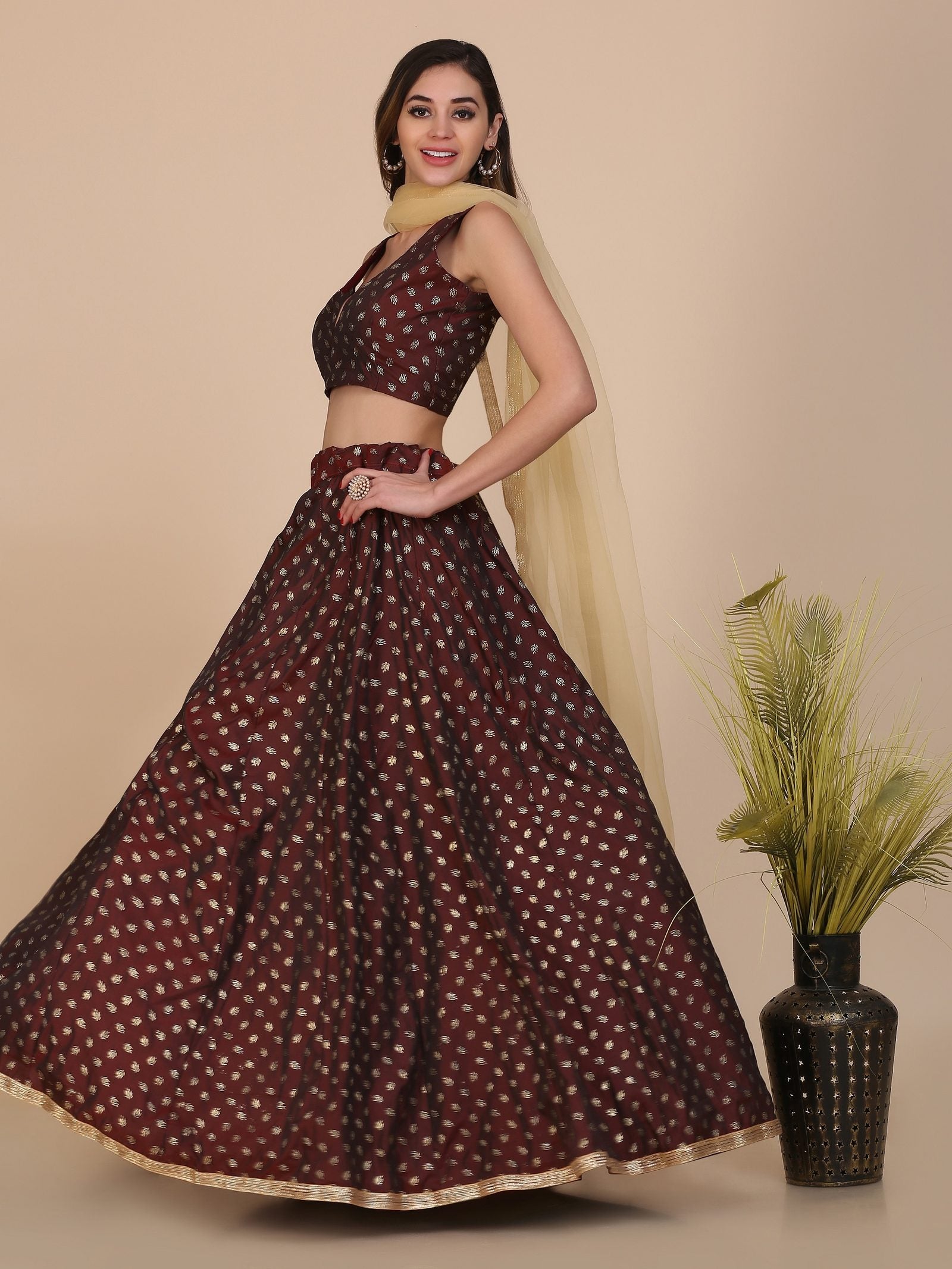 Maroon Foile Weaving Butti Work Semi-Stitched Taffeta Silk Lehenga Choli with Dupatta for Wedding & Festive Occasion