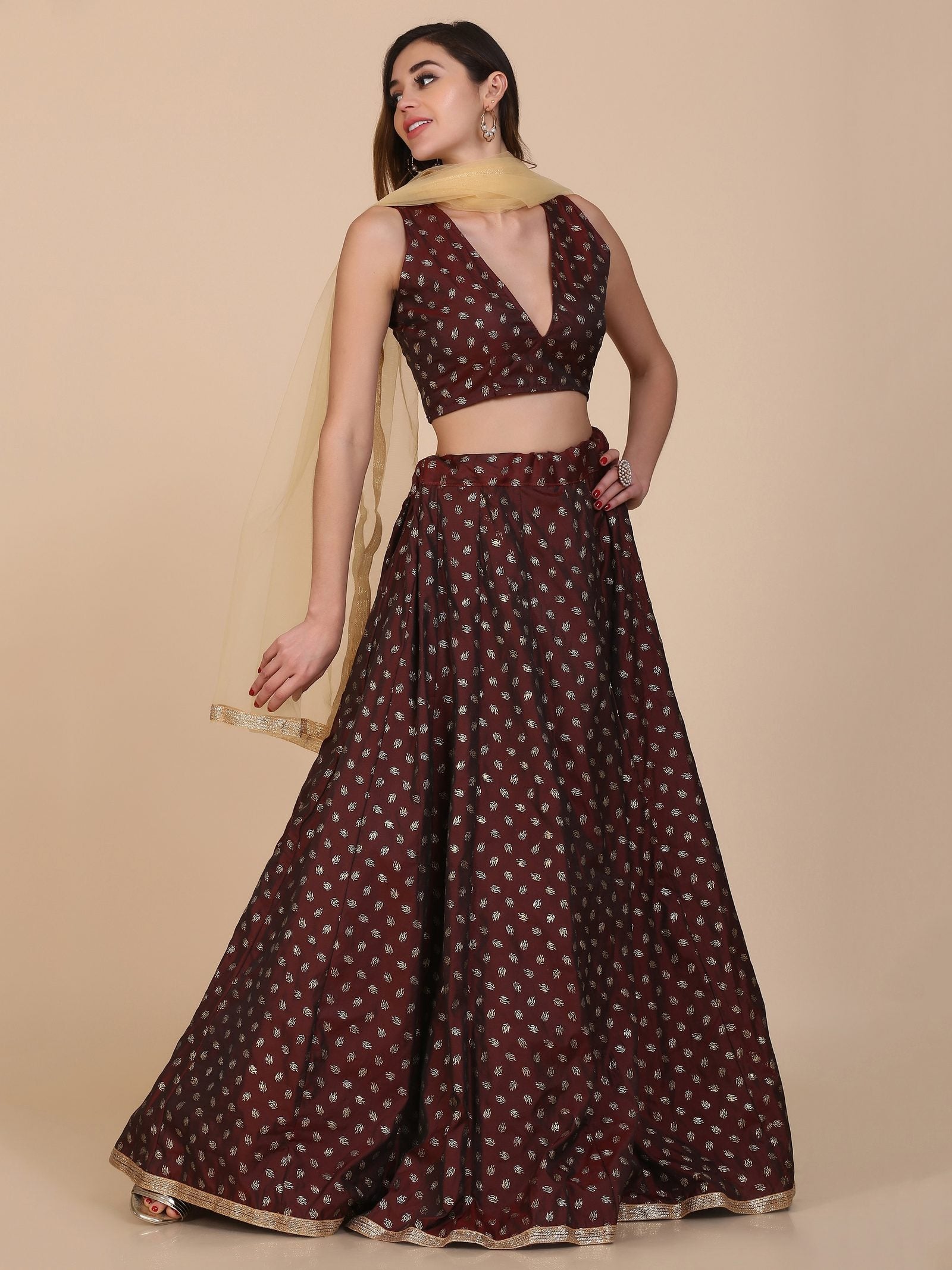 Maroon Foile Weaving Butti Work Semi-Stitched Taffeta Silk Lehenga Choli with Dupatta for Wedding & Festive Occasion