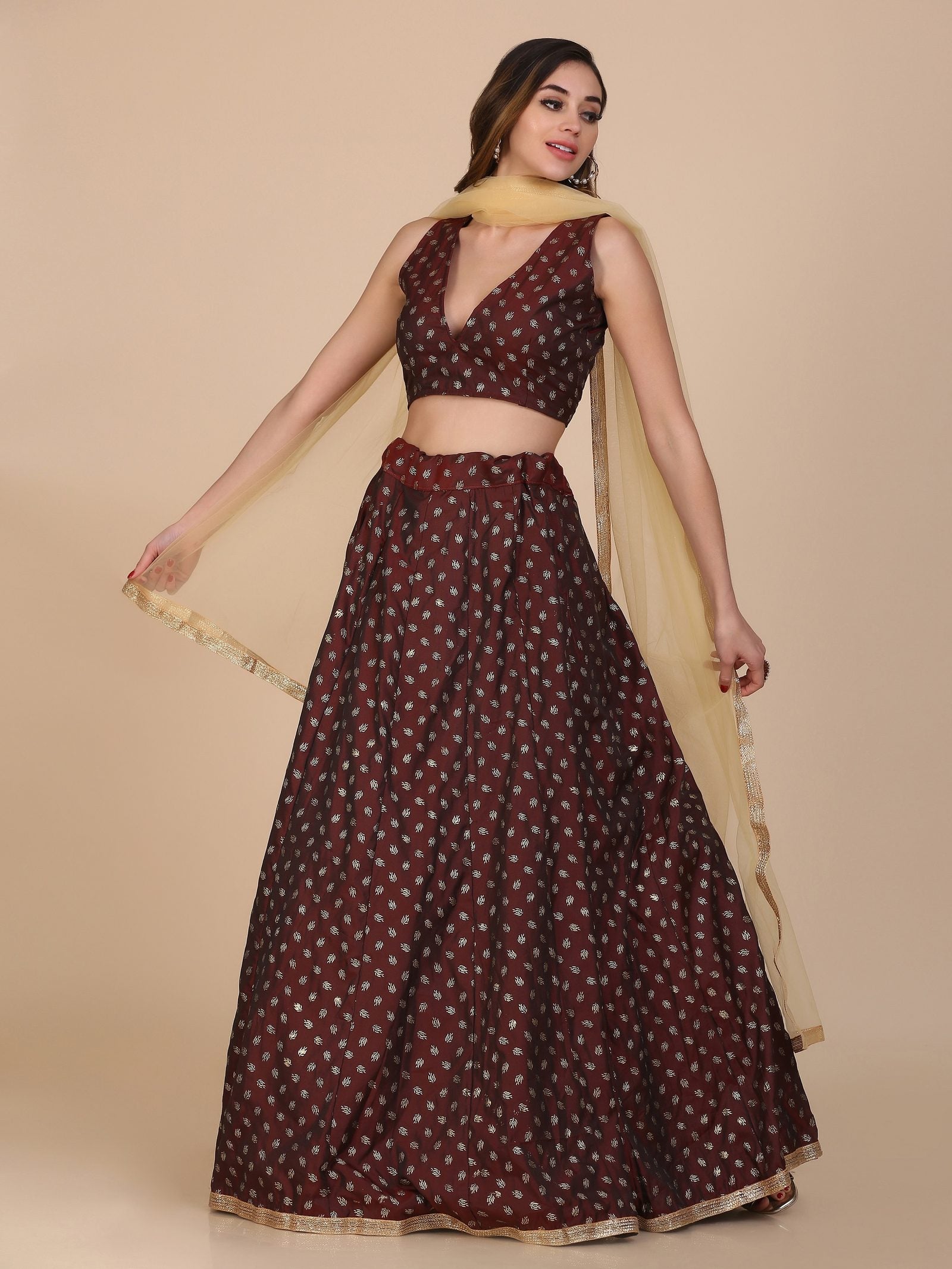 Maroon Foile Weaving Butti Work Semi-Stitched Taffeta Silk Lehenga Choli with Dupatta for Wedding & Festive Occasion