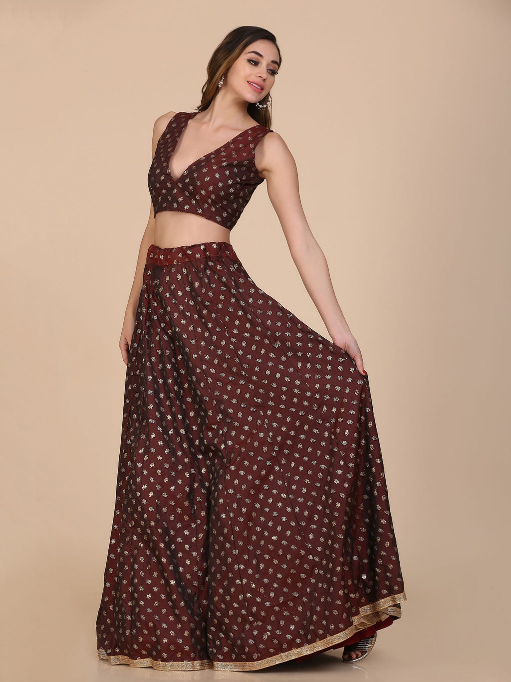 Maroon Foile Weaving Butti Work Semi-Stitched Taffeta Silk Lehenga Choli with Dupatta for Wedding & Festive Occasion