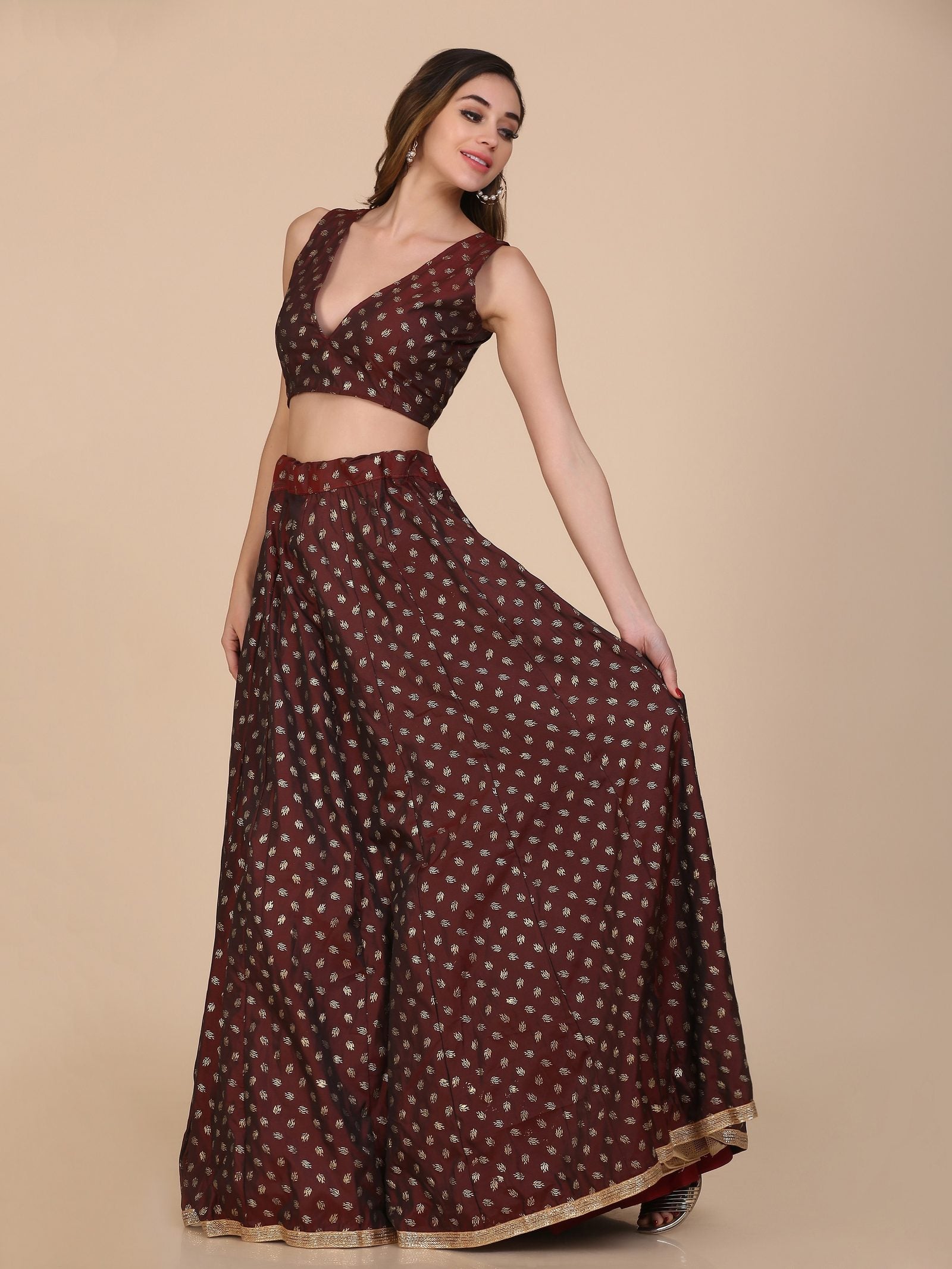 Maroon Foile Weaving Butti Work Semi-Stitched Taffeta Silk Lehenga Choli with Dupatta for Wedding & Festive Occasion