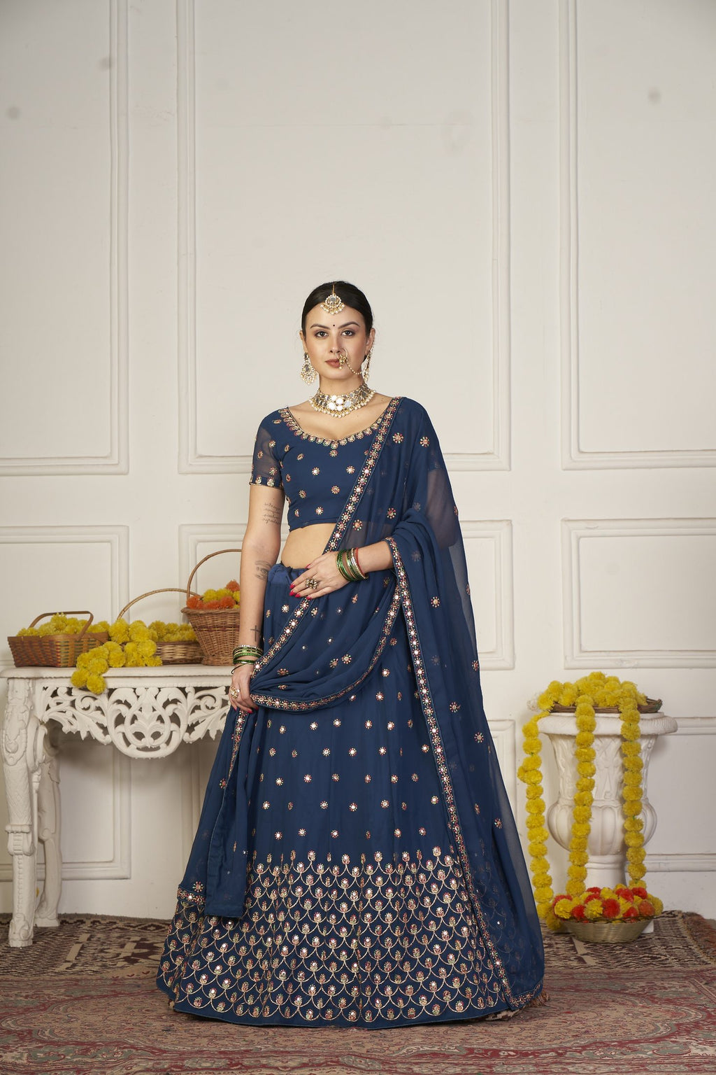 Elegant Navy Blue Floral Embroidered Festive & Wedding Wear Semi-Stitched Georgette Lehenga Choli with Sequin & Thread Work Dupatta