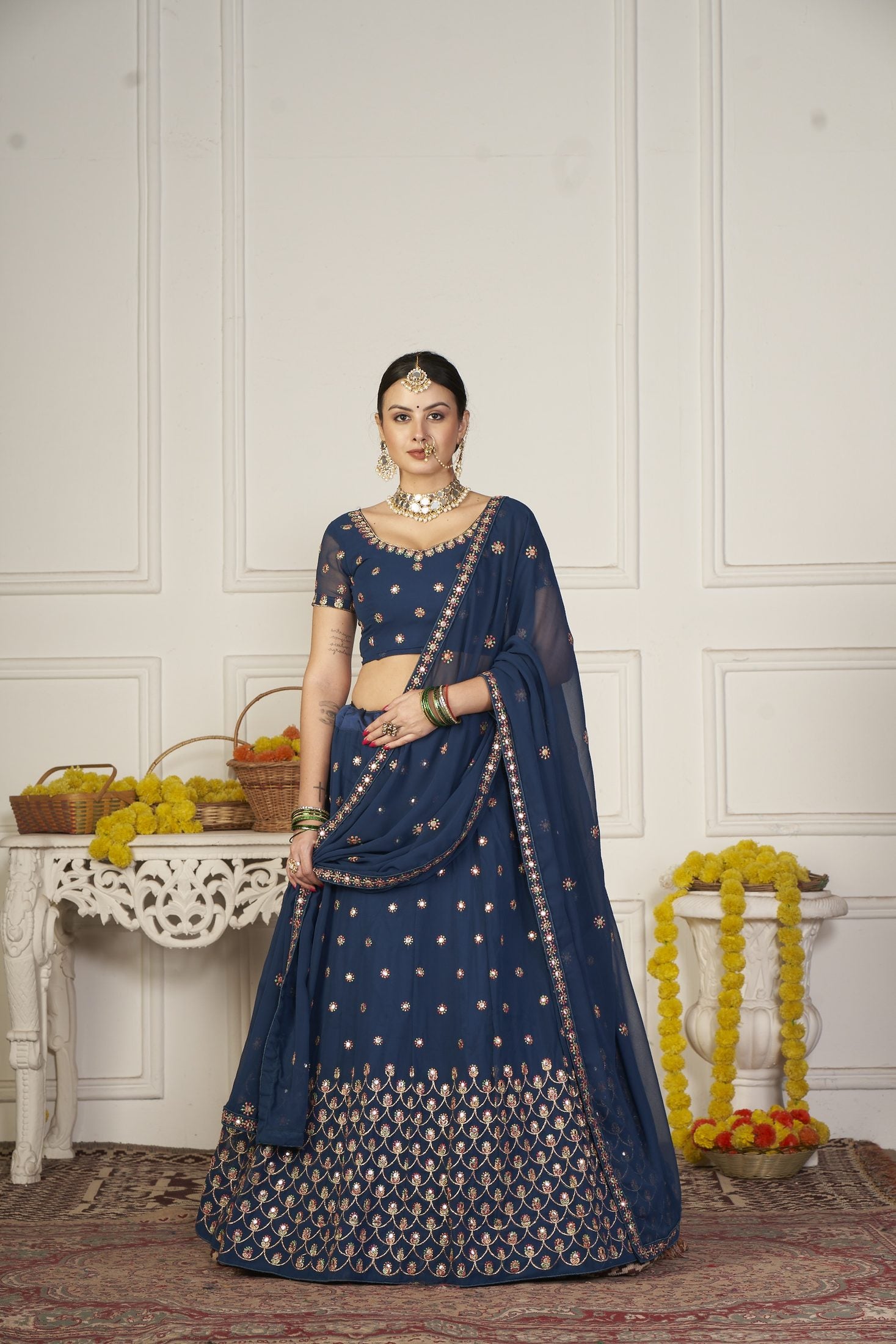 Elegant Navy Blue Floral Embroidered Festive & Wedding Wear Semi-Stitched Georgette Lehenga Choli with Sequin & Thread Work Dupatta