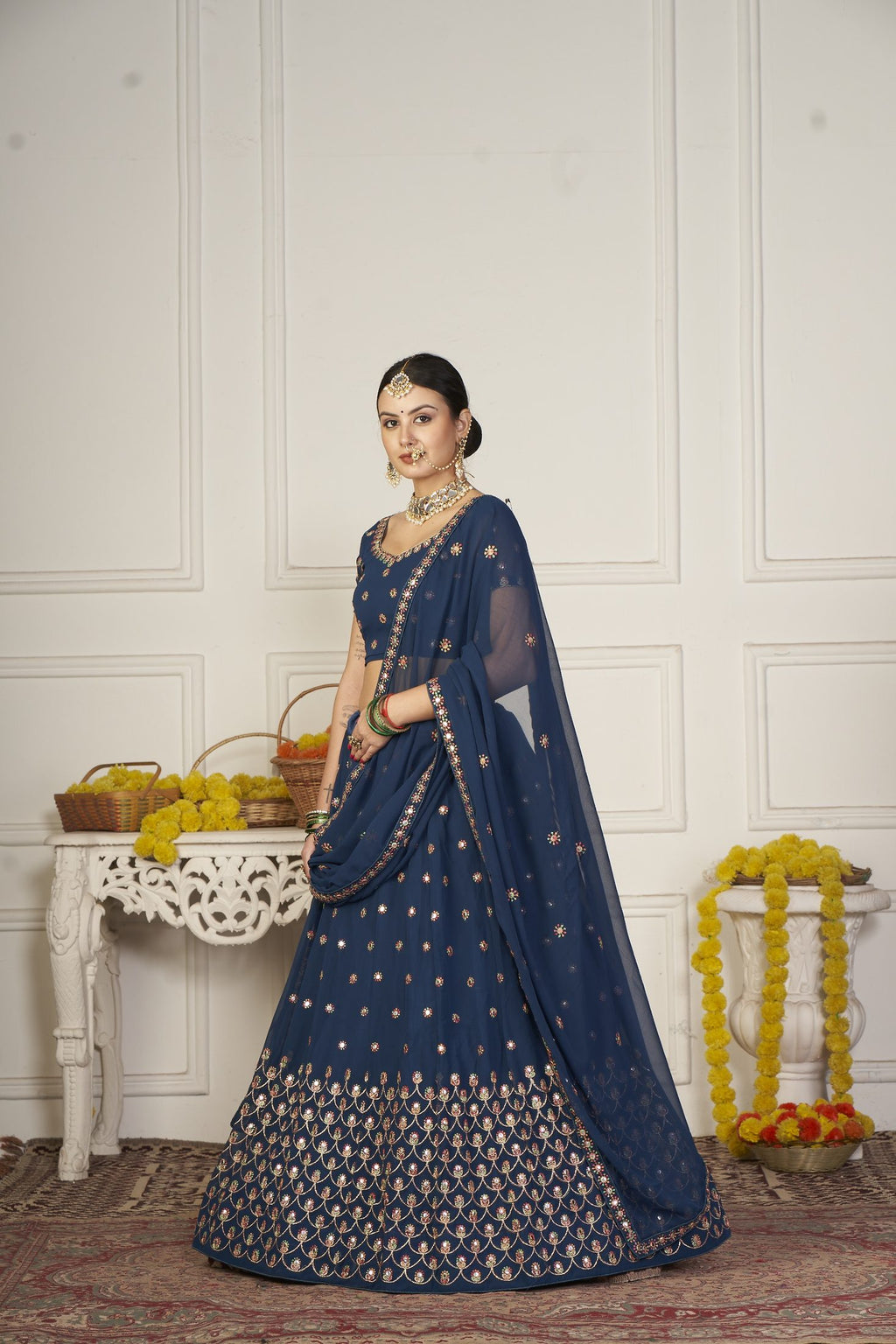 Elegant Navy Blue Floral Embroidered Festive & Wedding Wear Semi-Stitched Georgette Lehenga Choli with Sequin & Thread Work Dupatta