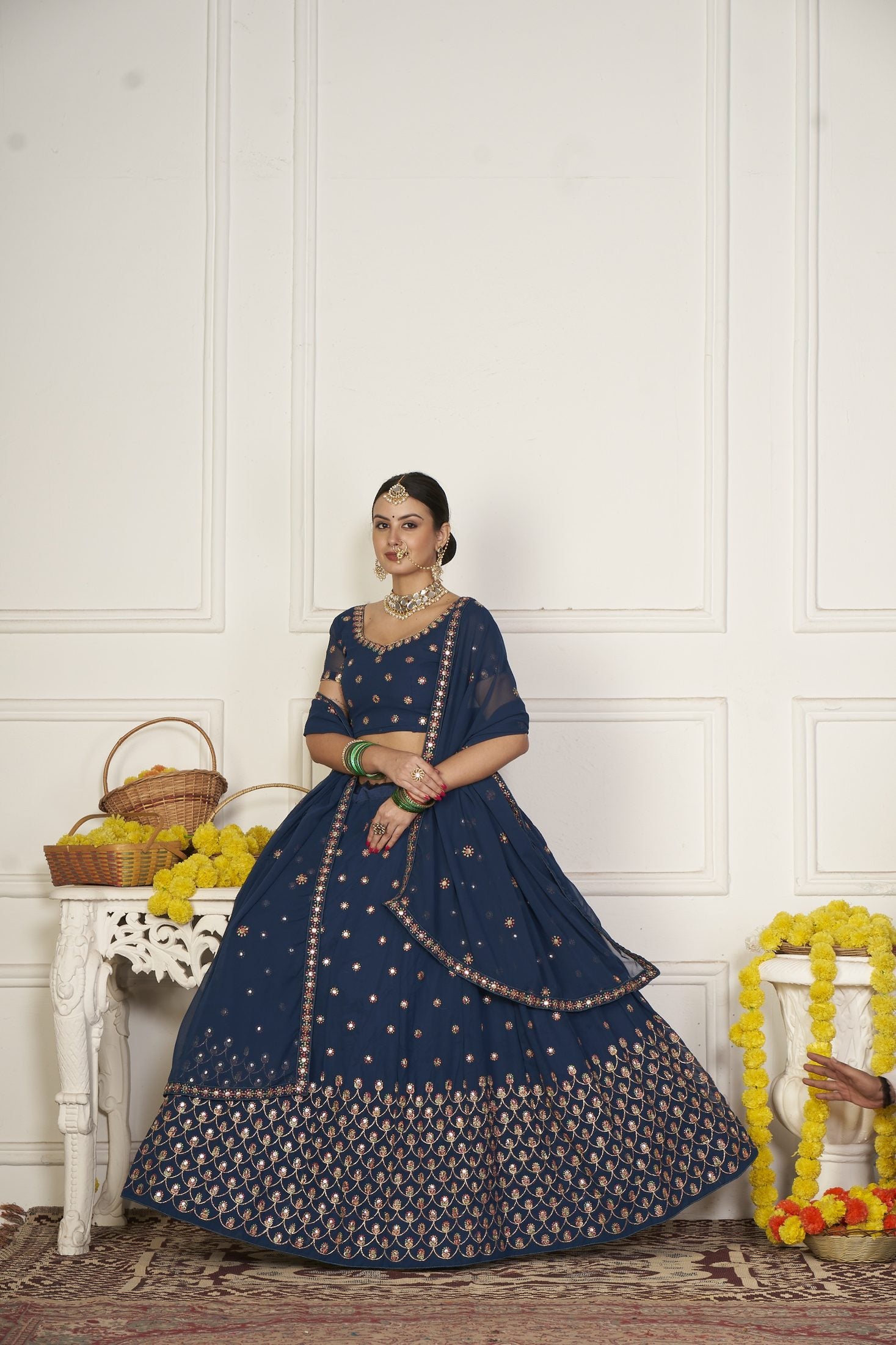 Elegant Navy Blue Floral Embroidered Festive & Wedding Wear Semi-Stitched Georgette Lehenga Choli with Sequin & Thread Work Dupatta