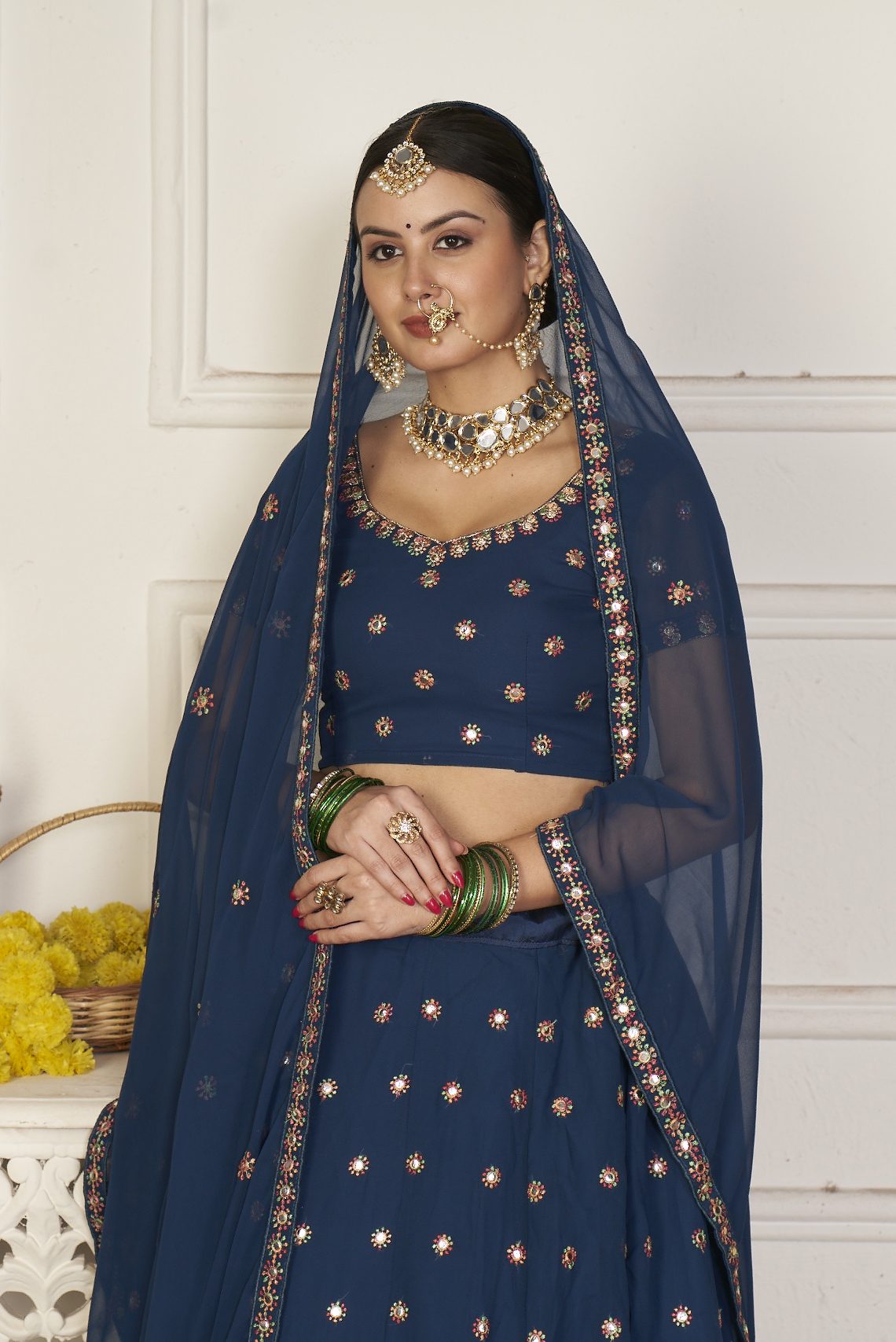 Elegant Navy Blue Floral Embroidered Festive & Wedding Wear Semi-Stitched Georgette Lehenga Choli with Sequin & Thread Work Dupatta