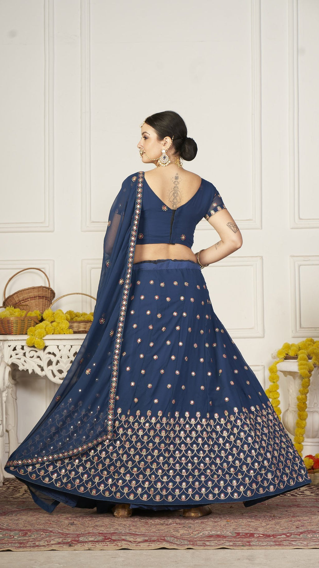 Elegant Navy Blue Floral Embroidered Festive & Wedding Wear Semi-Stitched Georgette Lehenga Choli with Sequin & Thread Work Dupatta