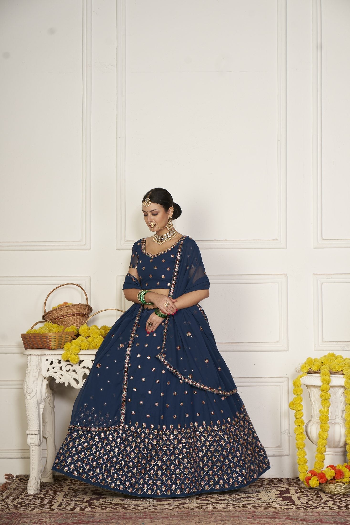 Elegant Navy Blue Floral Embroidered Festive & Wedding Wear Semi-Stitched Georgette Lehenga Choli with Sequin & Thread Work Dupatta