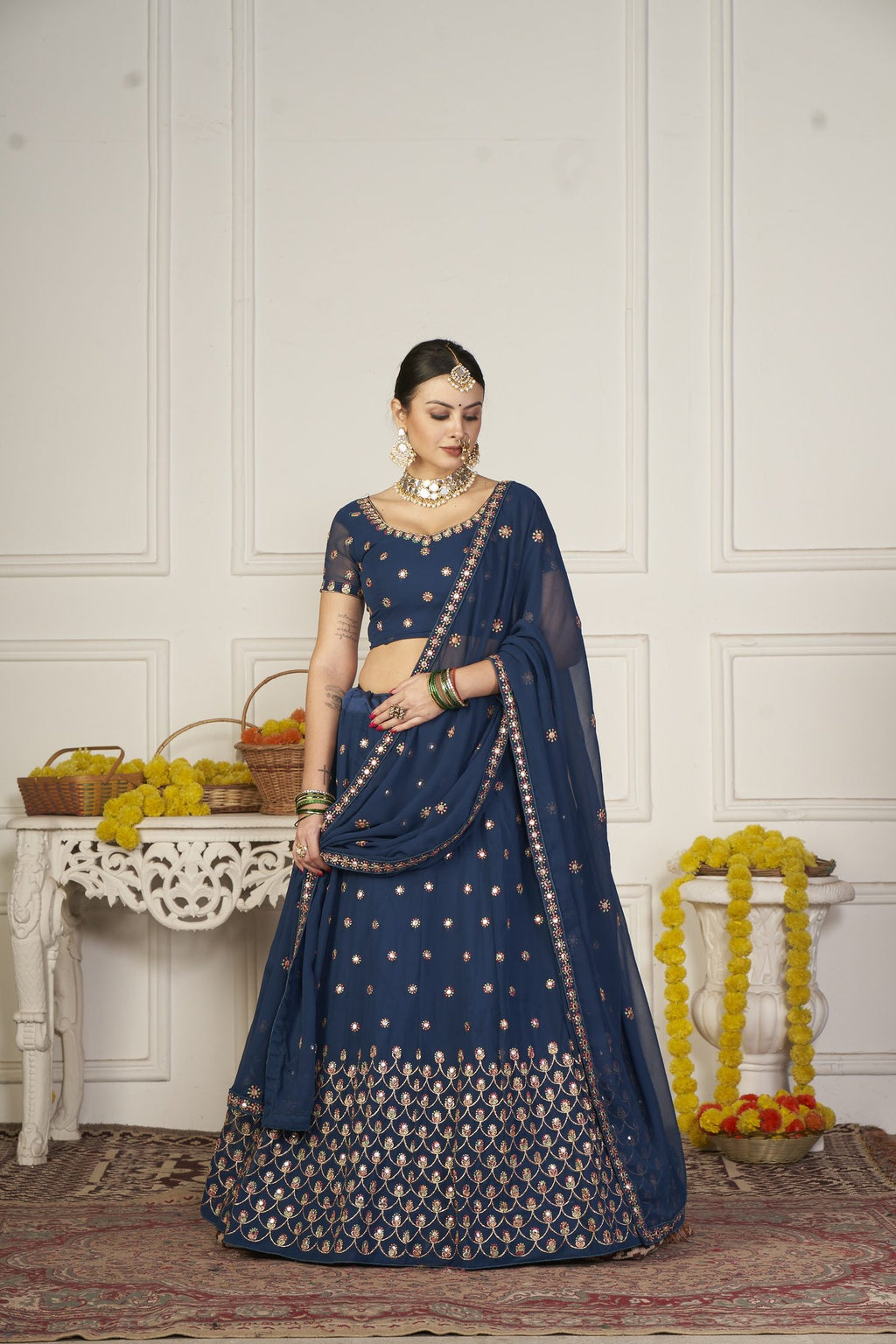 Elegant Navy Blue Floral Embroidered Festive & Wedding Wear Semi-Stitched Georgette Lehenga Choli with Sequin & Thread Work Dupatta