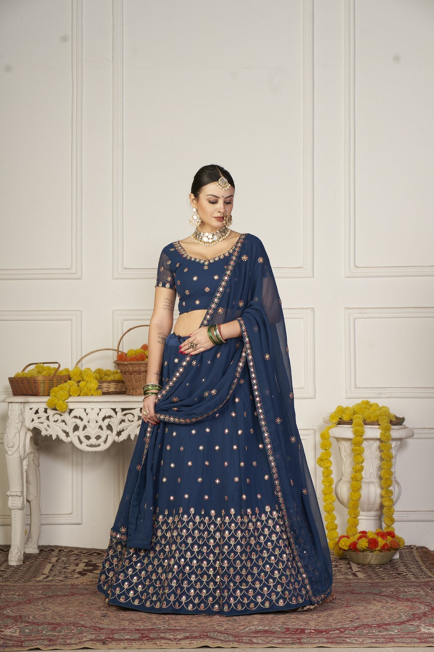 Elegant Navy Blue Floral Embroidered Festive & Wedding Wear Semi-Stitched Georgette Lehenga Choli with Sequin & Thread Work Dupatta
