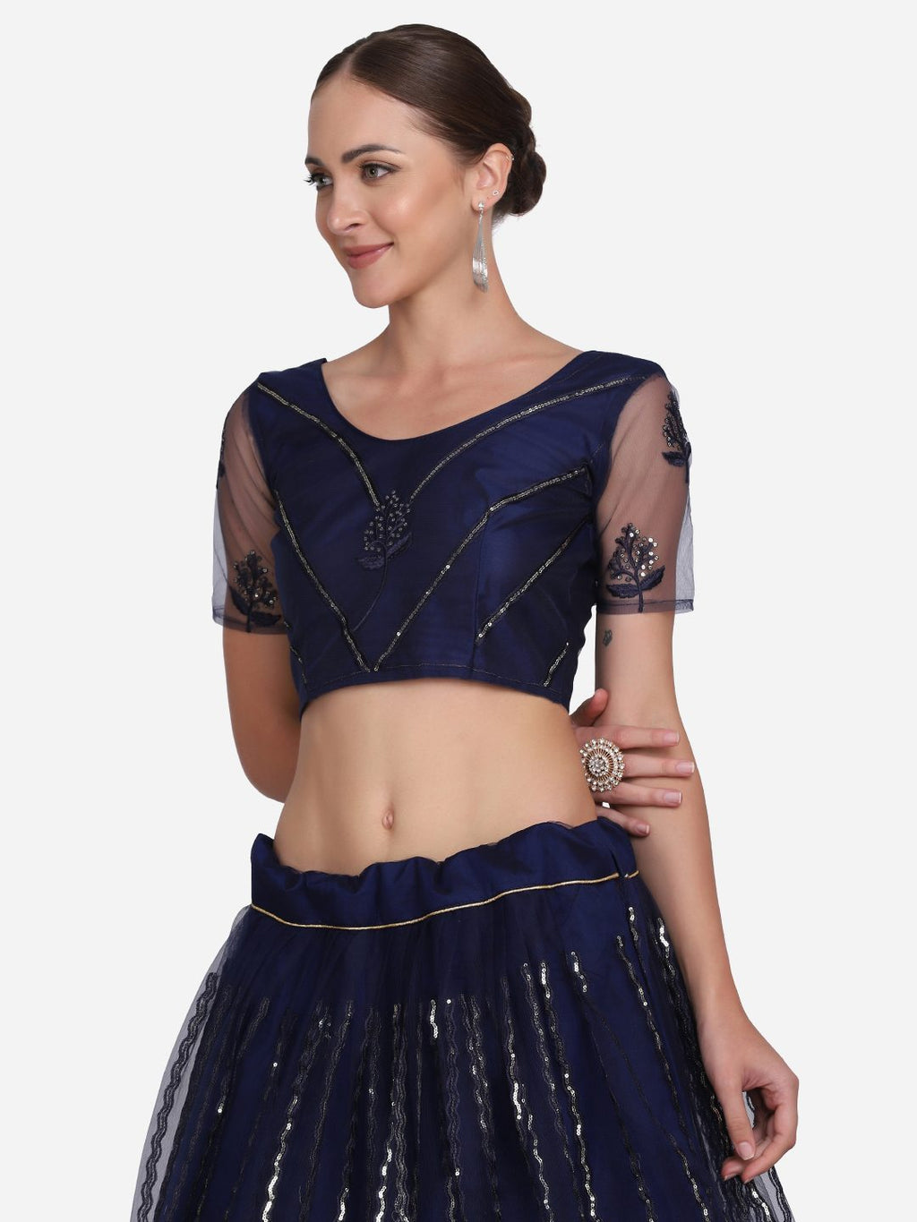 Elegant Navy Blue Embroidered Festive & Wedding Wear Semi-Stitched Net Lehenga Choli with Thread Work Dupatta