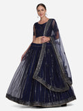 Elegant Navy Blue Embroidered Festive & Wedding Wear Semi-Stitched Net Lehenga Choli with Thread Work Dupatta