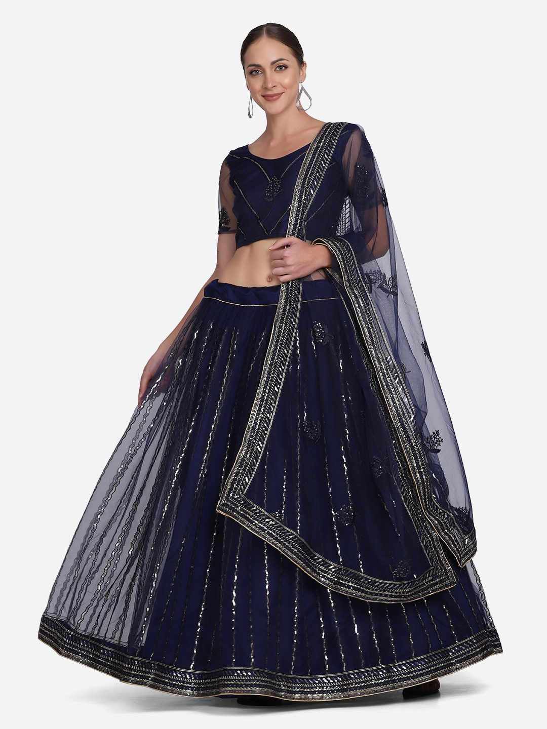 Elegant Navy Blue Embroidered Festive & Wedding Wear Semi-Stitched Net Lehenga Choli with Thread Work Dupatta