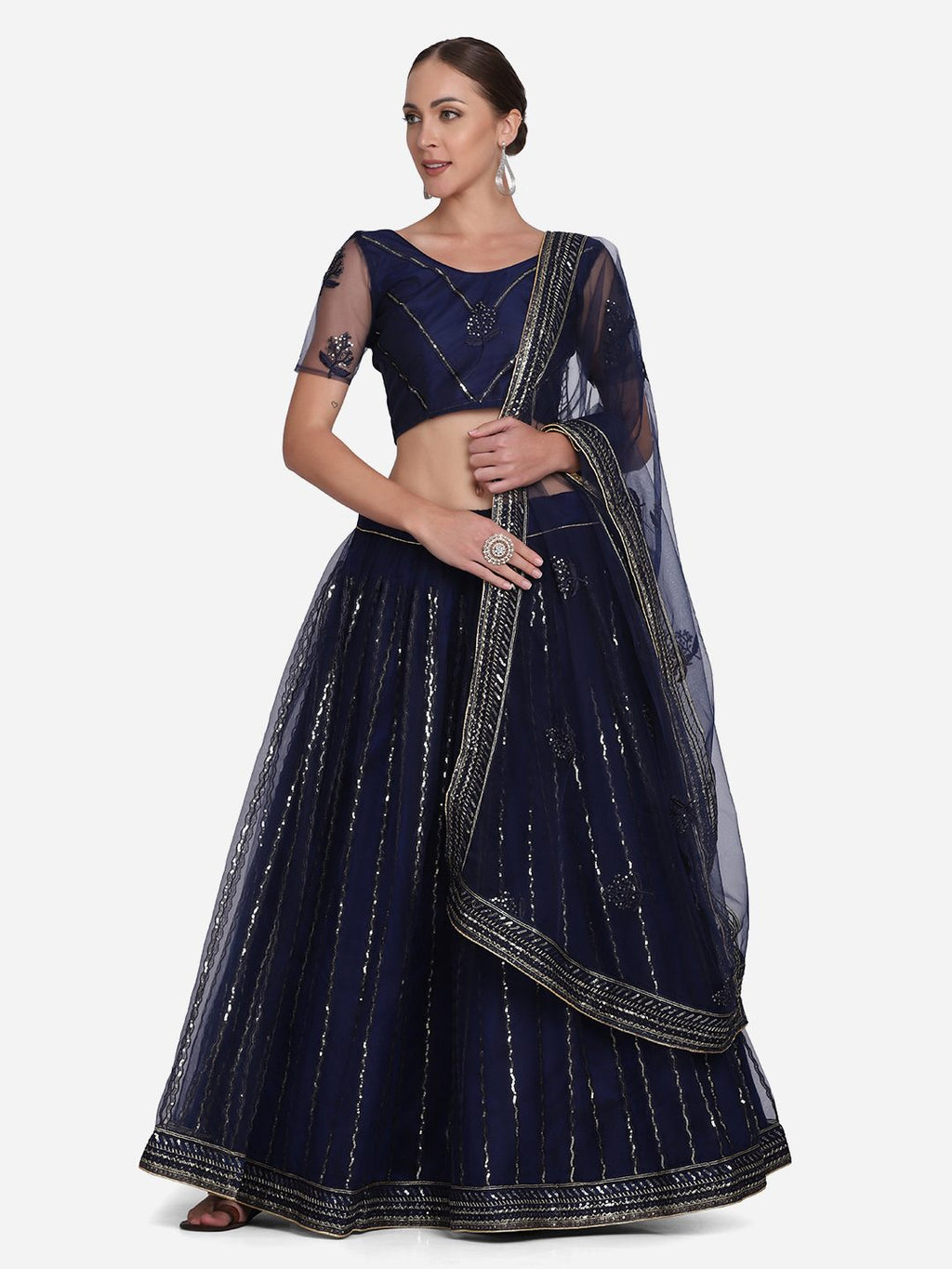Elegant Navy Blue Embroidered Festive & Wedding Wear Semi-Stitched Net Lehenga Choli with Thread Work Dupatta
