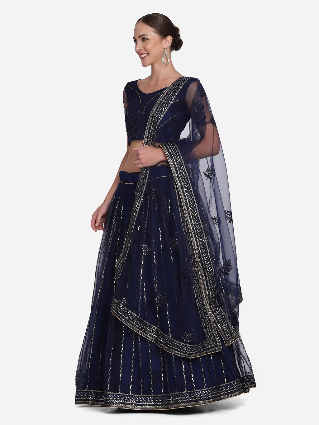 Elegant Navy Blue Embroidered Festive & Wedding Wear Semi-Stitched Net Lehenga Choli with Thread Work Dupatta