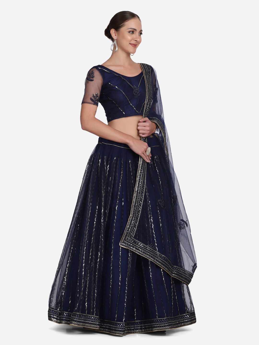 Elegant Navy Blue Embroidered Festive & Wedding Wear Semi-Stitched Net Lehenga Choli with Thread Work Dupatta