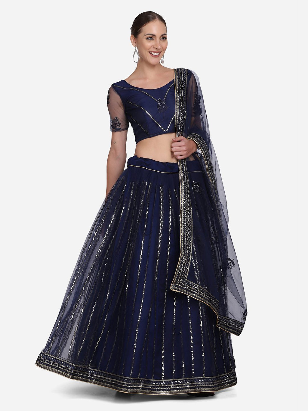 Elegant Navy Blue Embroidered Festive & Wedding Wear Semi-Stitched Net Lehenga Choli with Thread Work Dupatta