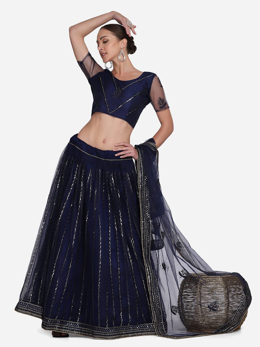 Elegant Navy Blue Embroidered Festive & Wedding Wear Semi-Stitched Net Lehenga Choli with Thread Work Dupatta
